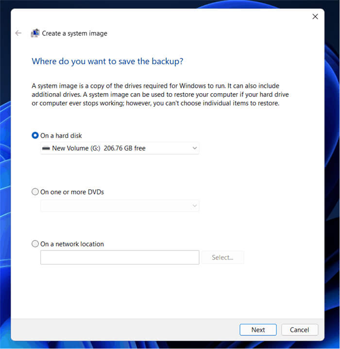 Select destination to save system image on Windows