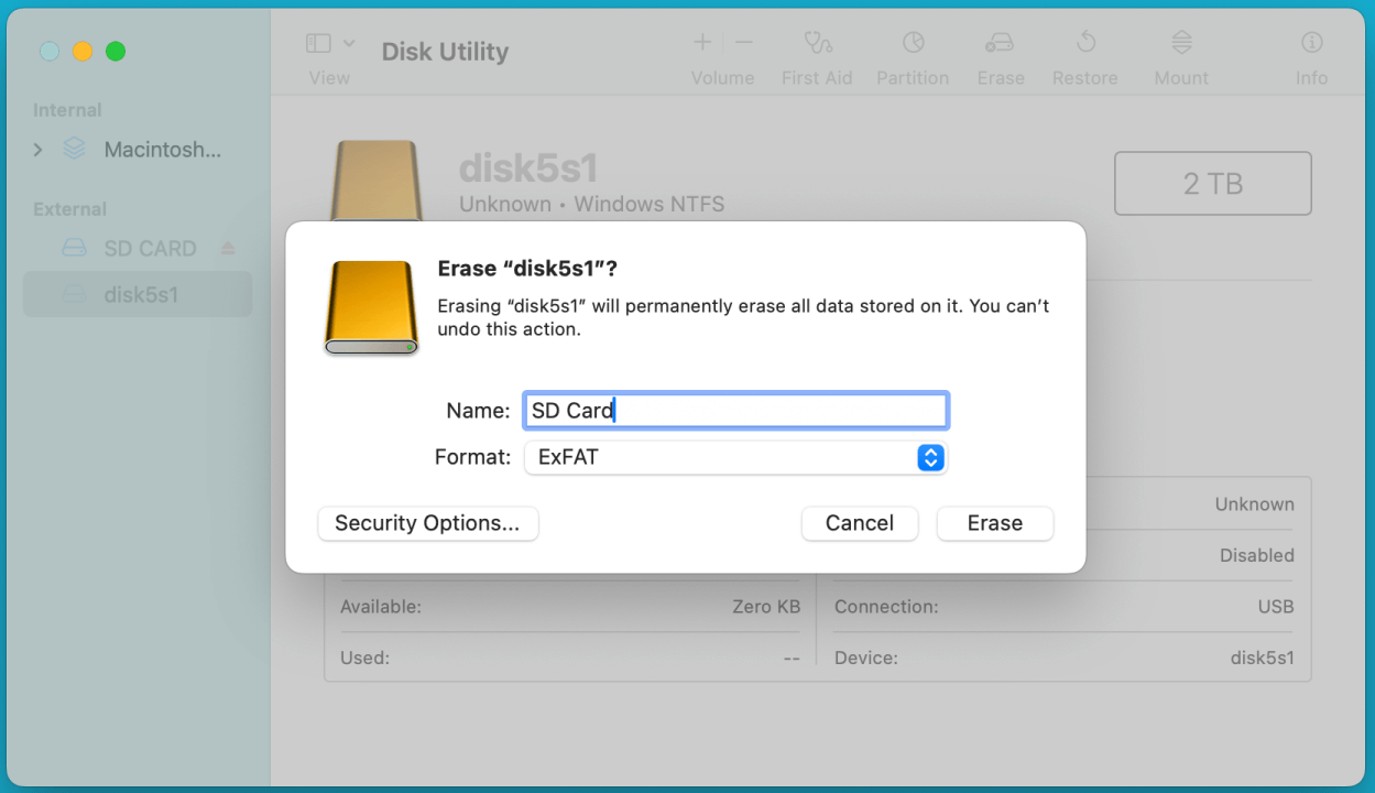 Can not Format or Erase an SD Card on Mac