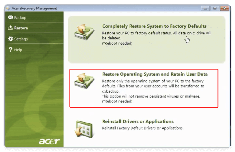 Acer Recovery Management