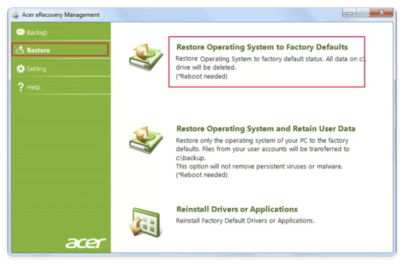 Acer Recovery Management