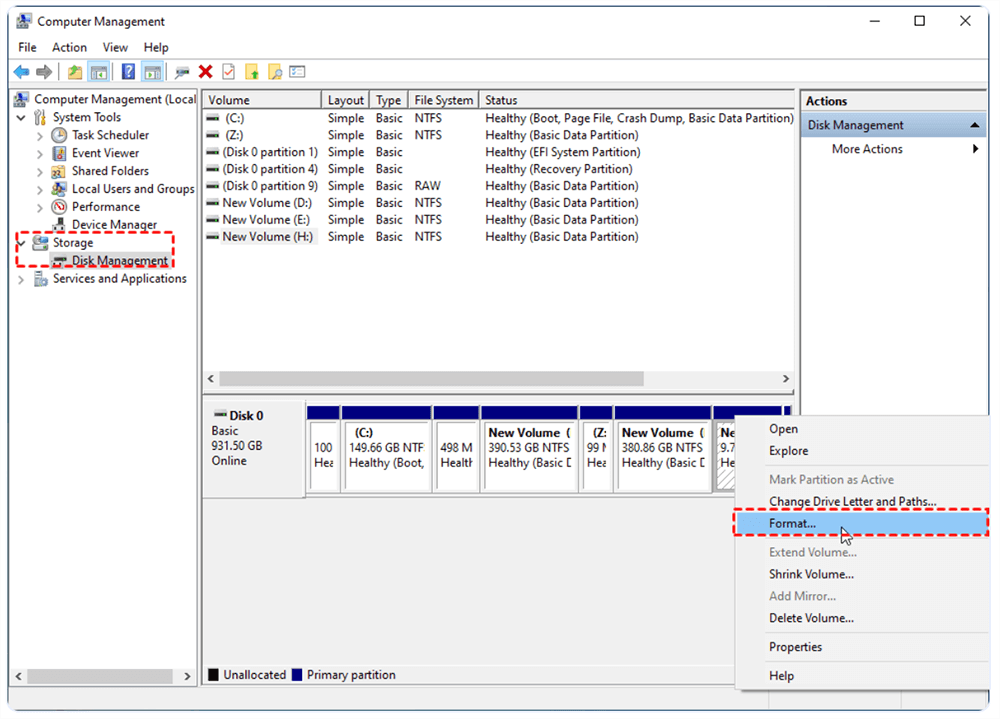 Right-click the RAW drive and select Format