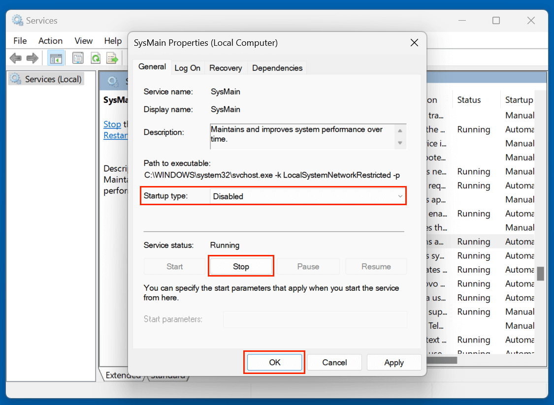 Select Disabled as the Startup type