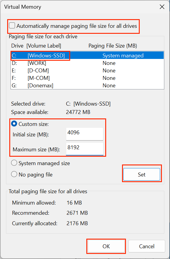 Enter values based on your installed RAM