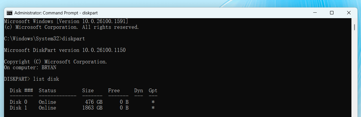 Using Diskpart Command