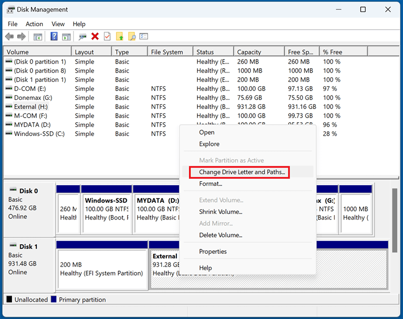 Right-click and select Change Drive Letter and Paths
