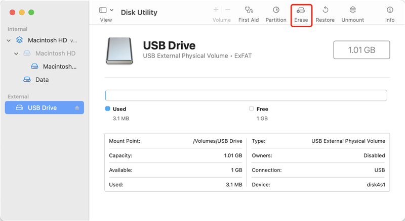 click the Erase button at the window's top