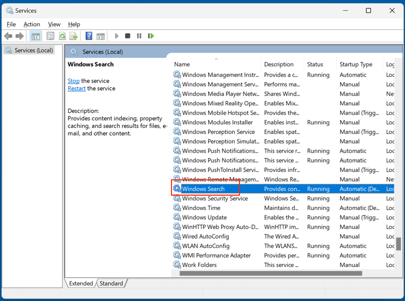 Locate Windows Search by scrolling down