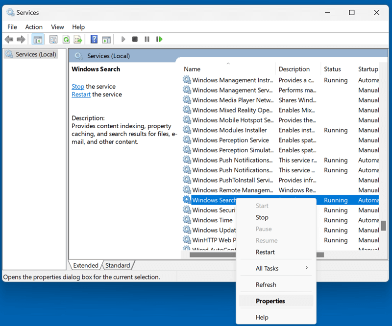 Select Properties with a right-click
