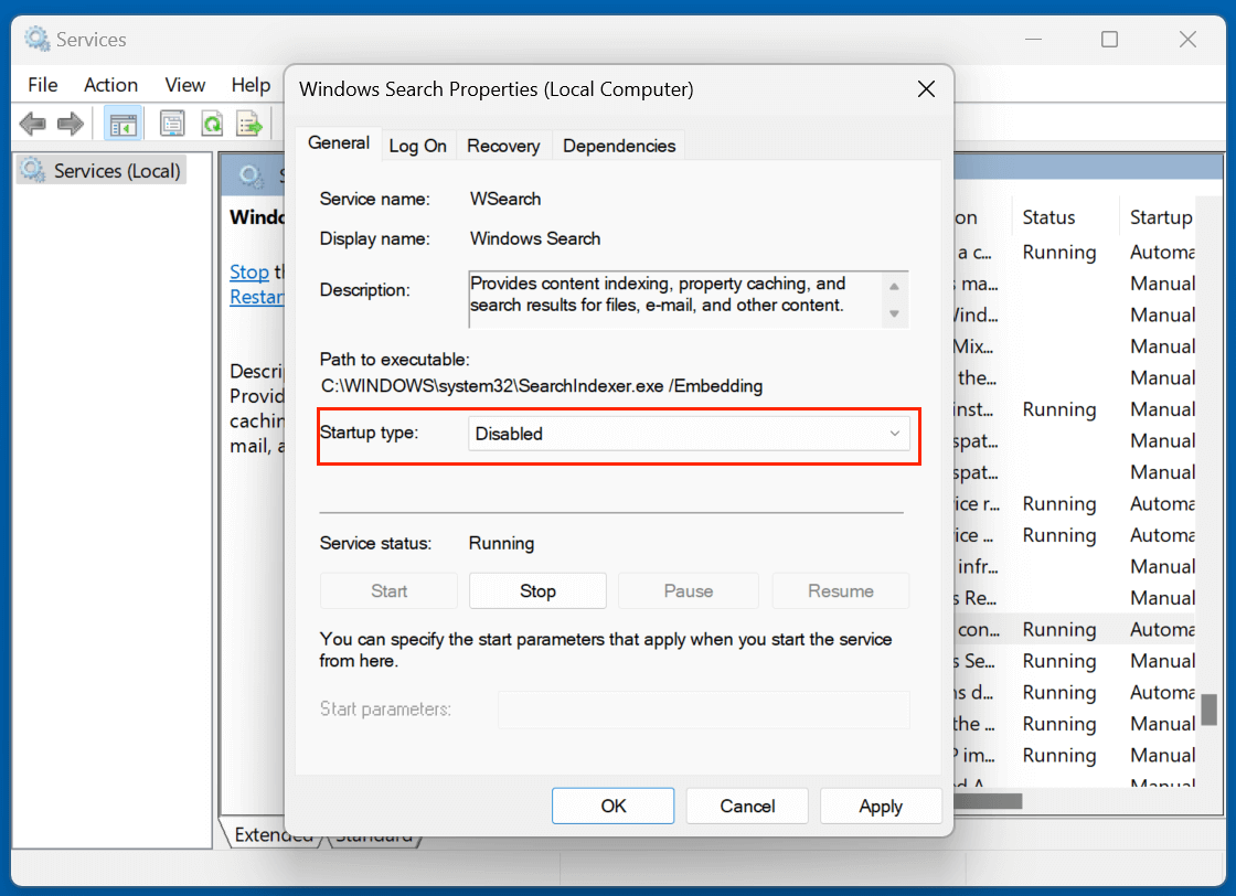 Select Disabled as the Startup type
