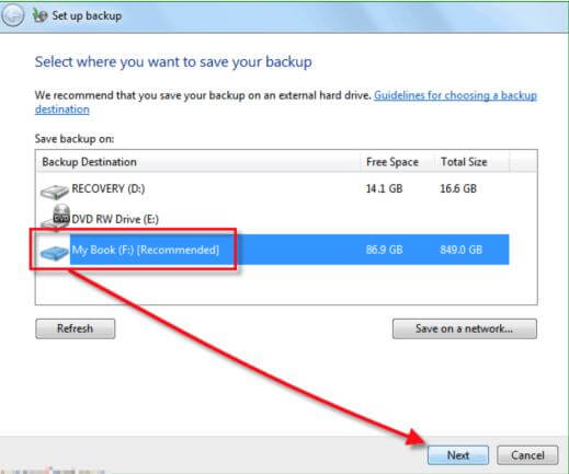 Select where to save the backup