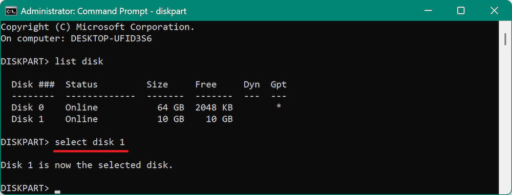 create new partition using Diskpart