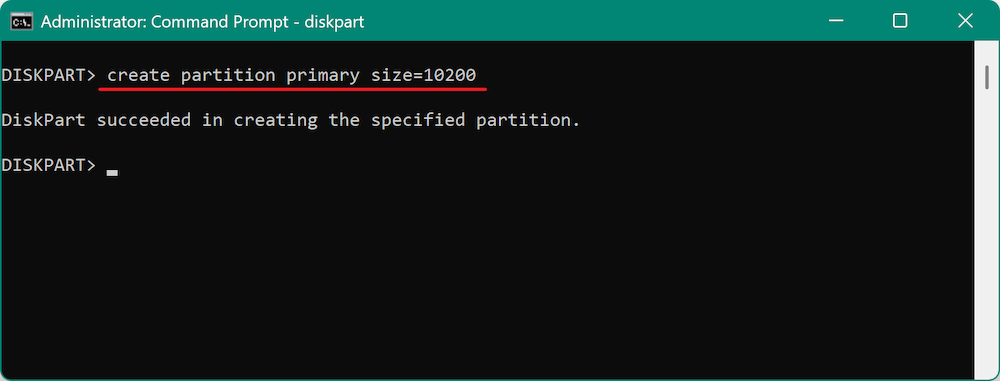 create new partition using Diskpart
