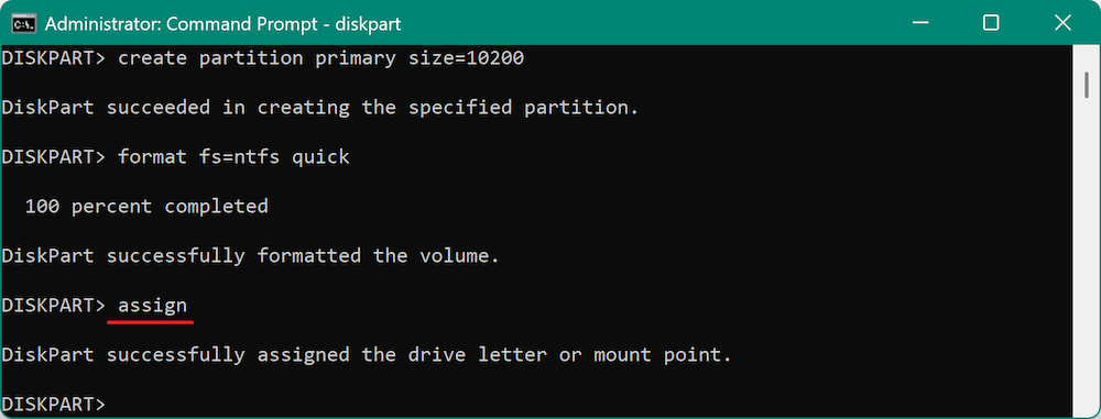 create new partition using Diskpart