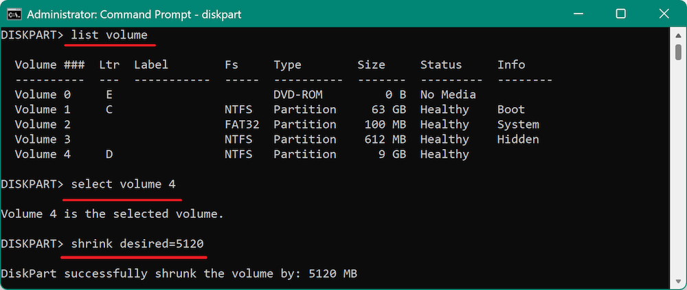 create new partition using Diskpart