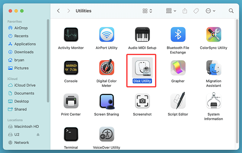 Open Disk Utility from Utilities via Applications