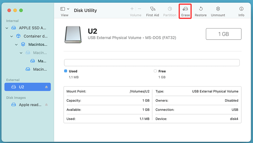 Select the FAT32 drive from the sidebar and Click Erase