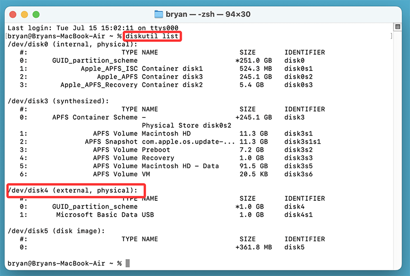 Type diskutil list and press Enter