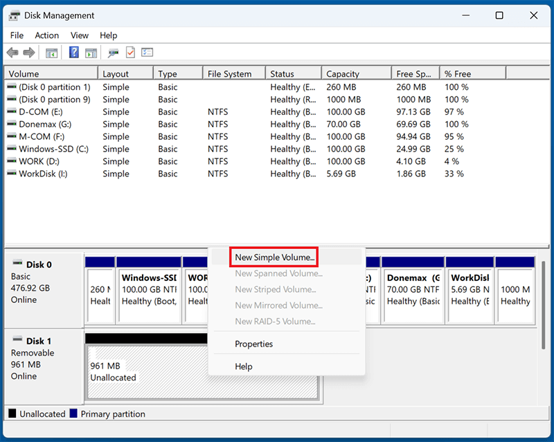 Right-click unallocated space > New Simple Volume