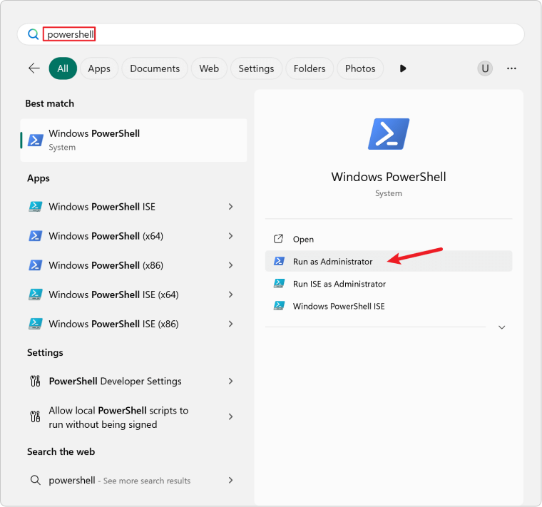 Select Windows PowerShell (Admin) by pressing Win + X