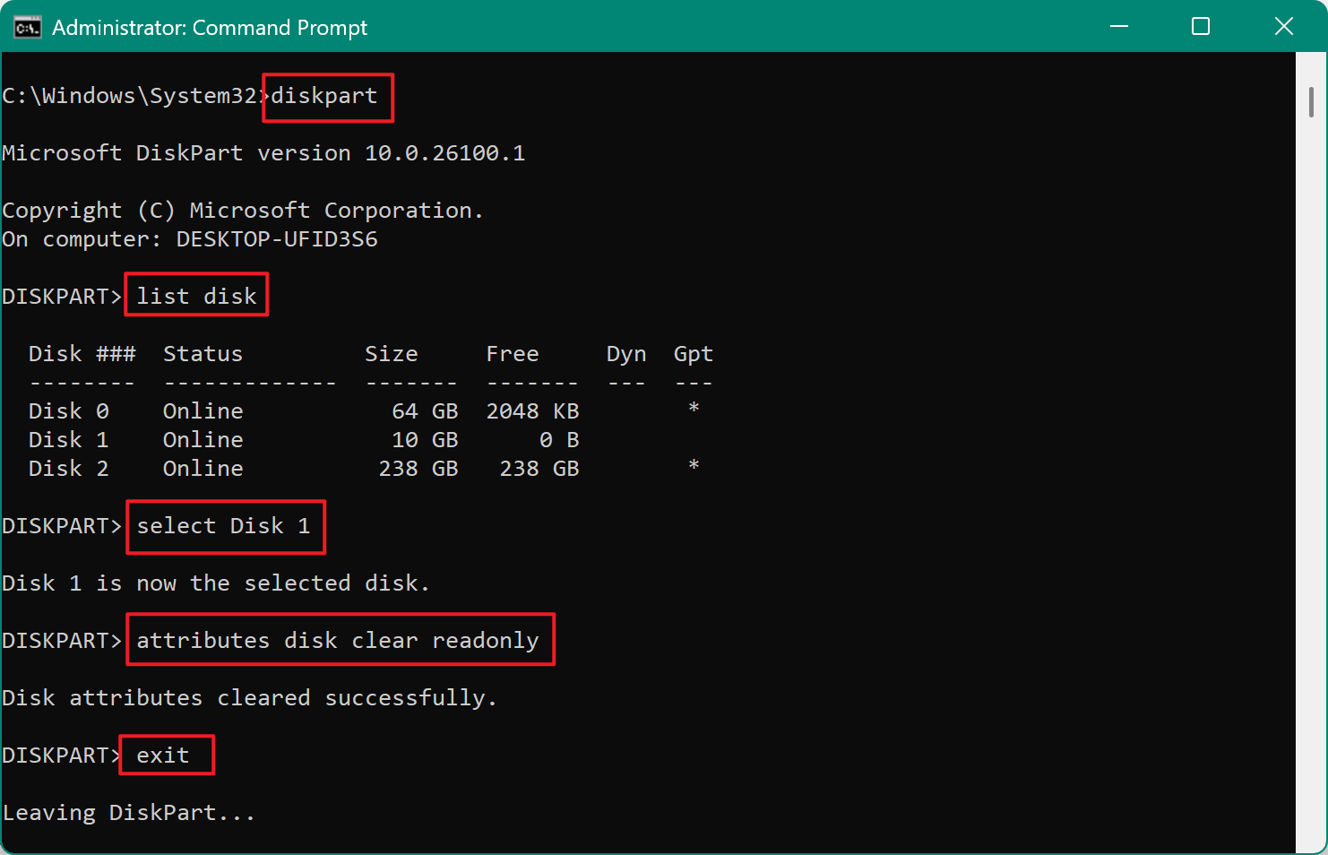 Remove Write Protection via Command Prompt