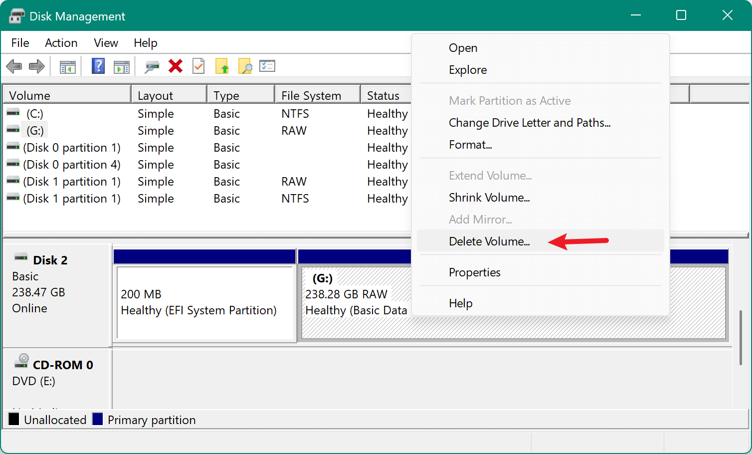 Choose Delete Volume from the menu