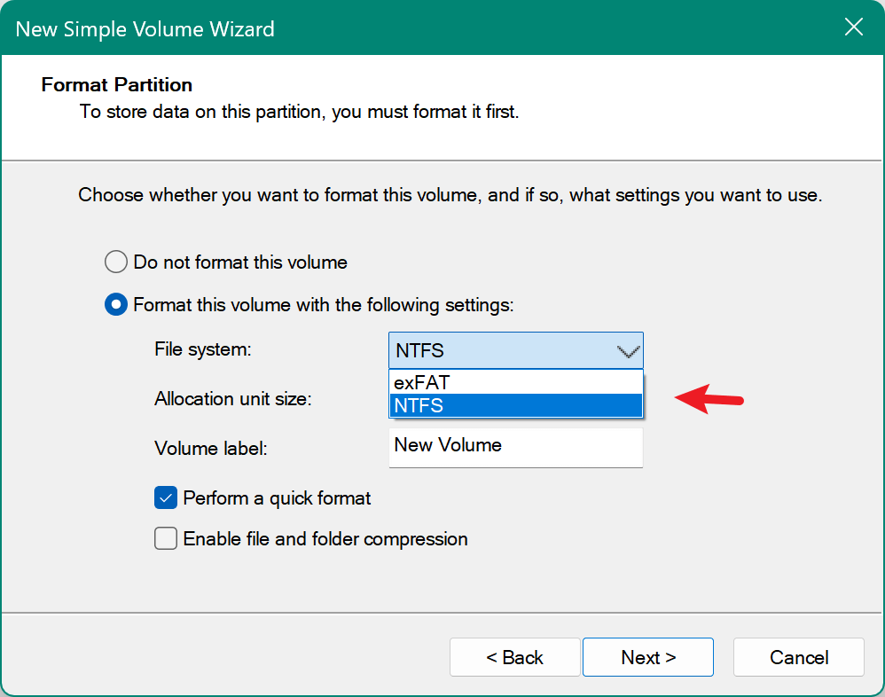 Follow the wizard to create and format the drive as NTFS