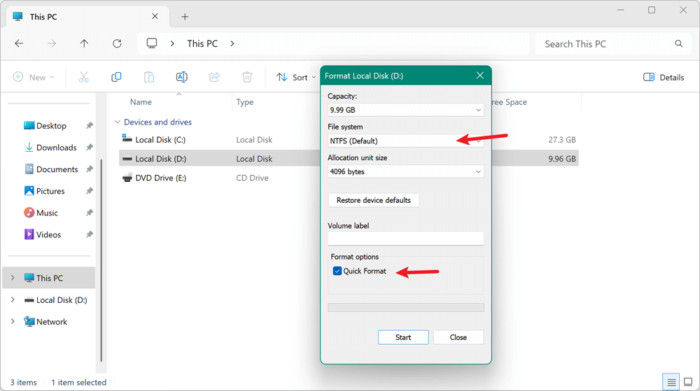 Select the NTFS as the file system and enable Quick Format