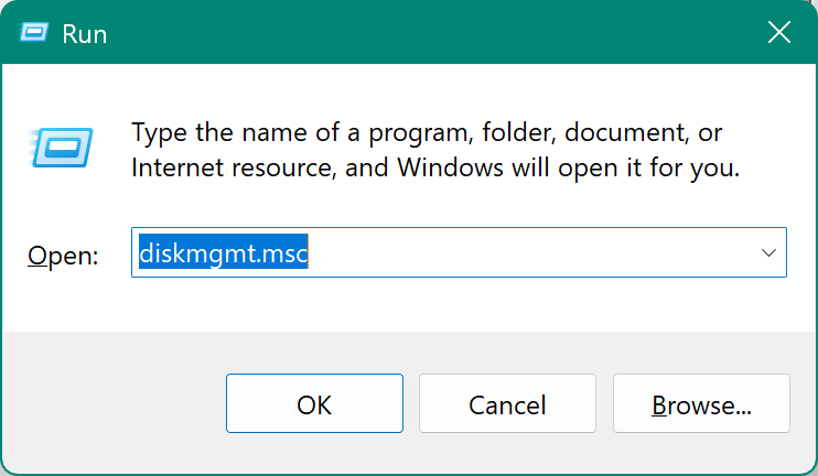 Type diskmgmt.msc using Win + R