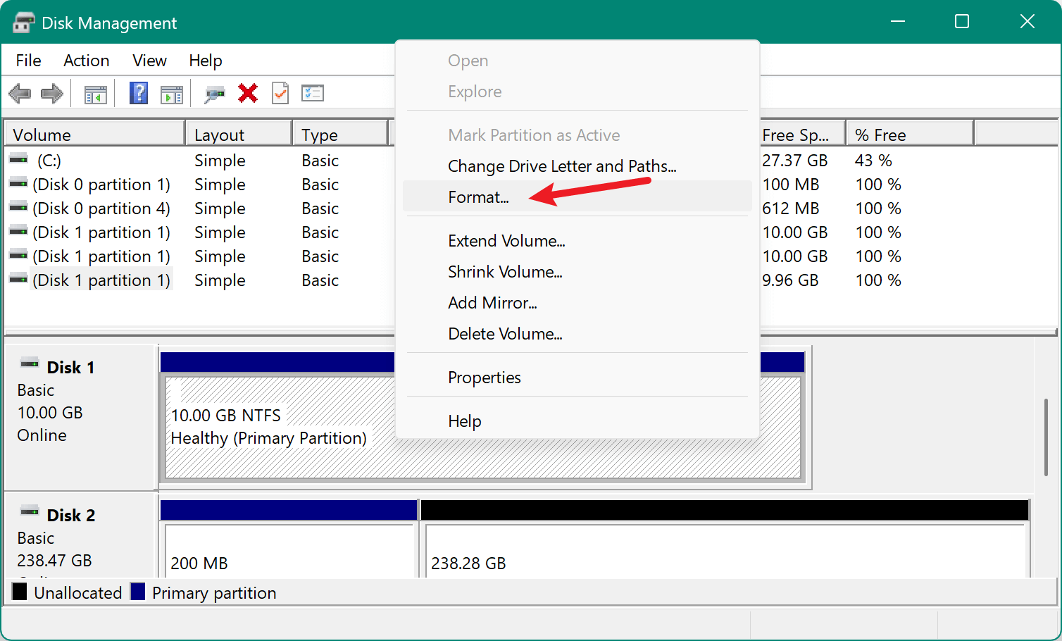 Right-click the partition and choose Format