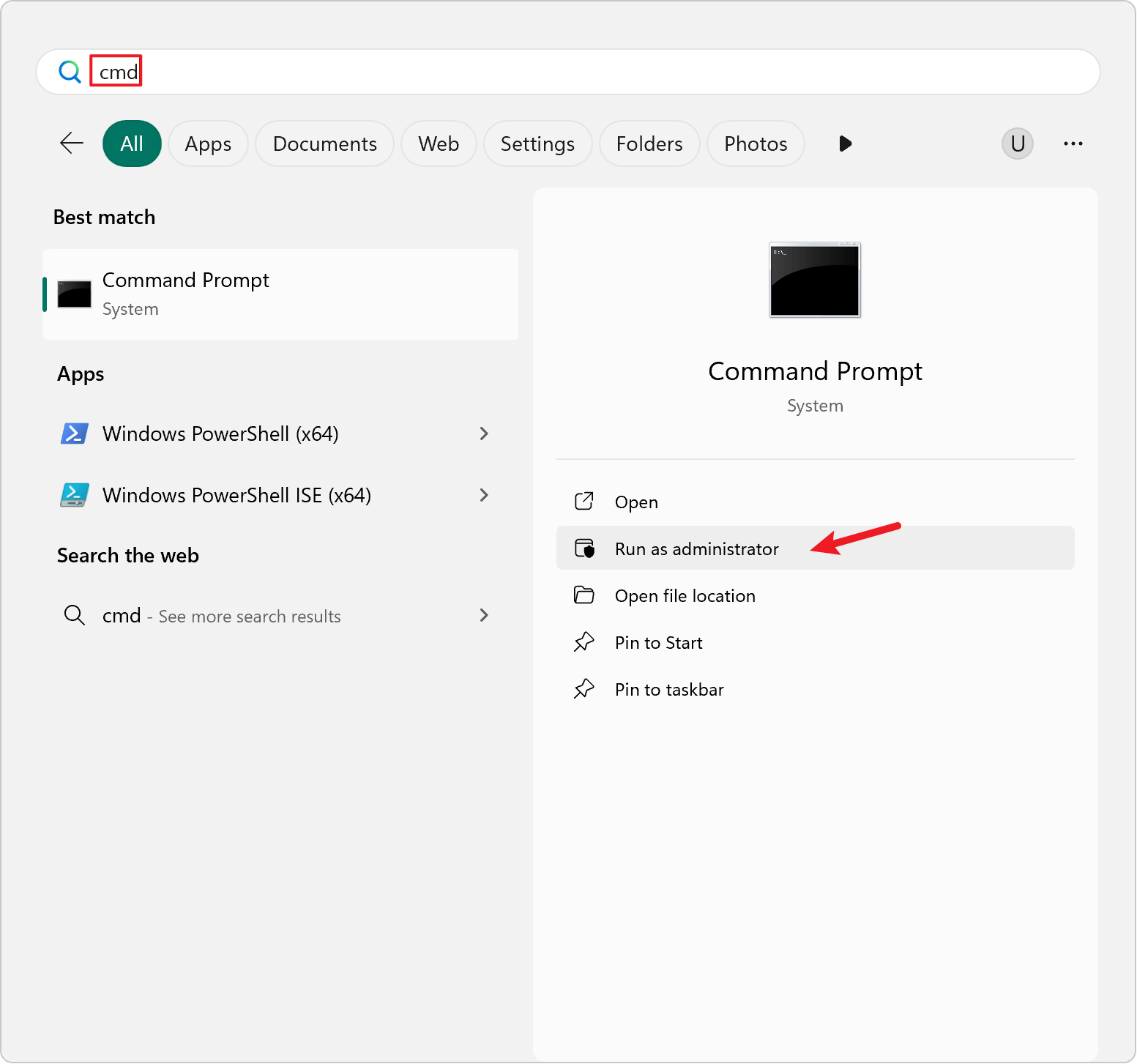 Press Win + S and type cmd