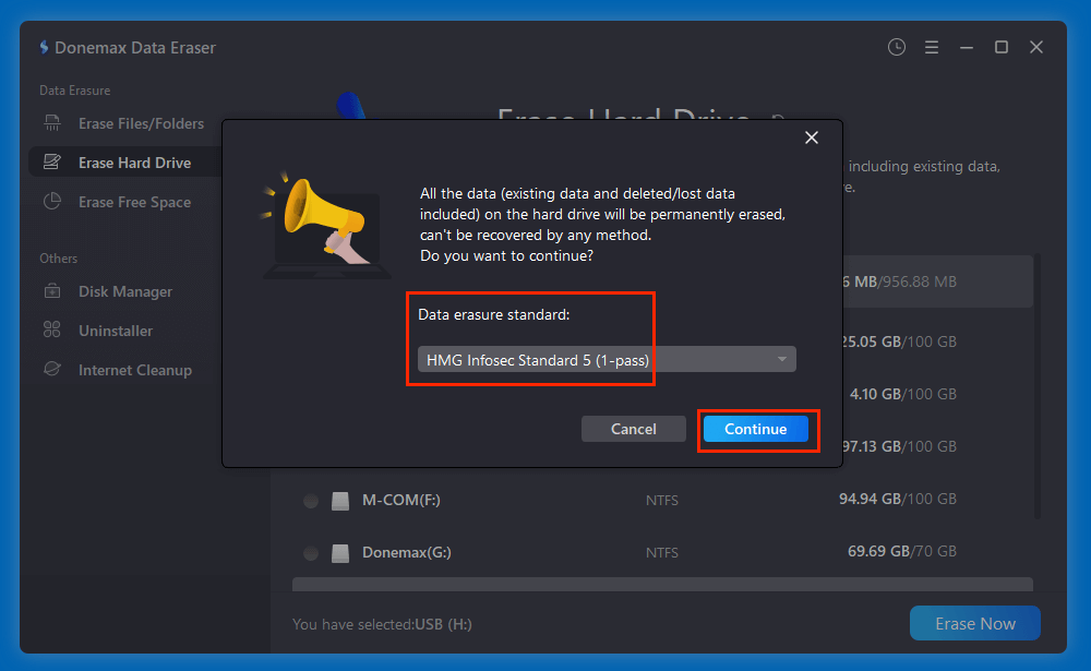 choose a data erasure method and click on Continue button
