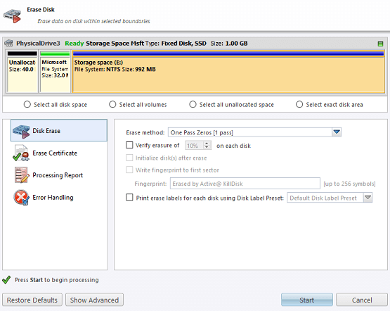 use KillDisk to wipe data