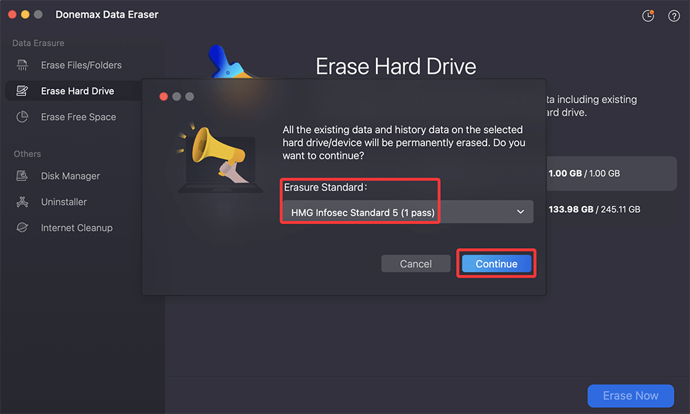 Select a wanted data erasure standard