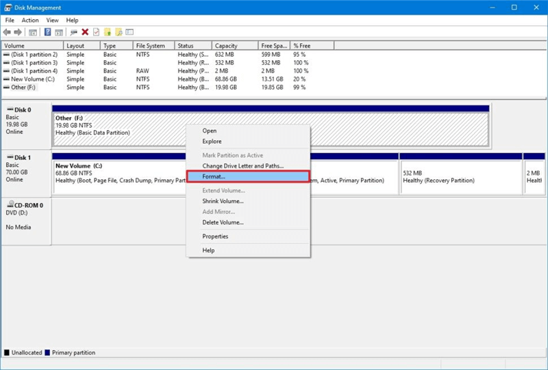 Format USB flash drive with Disk Management