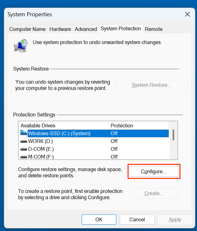 Choose the drive (typically C) and click Configure