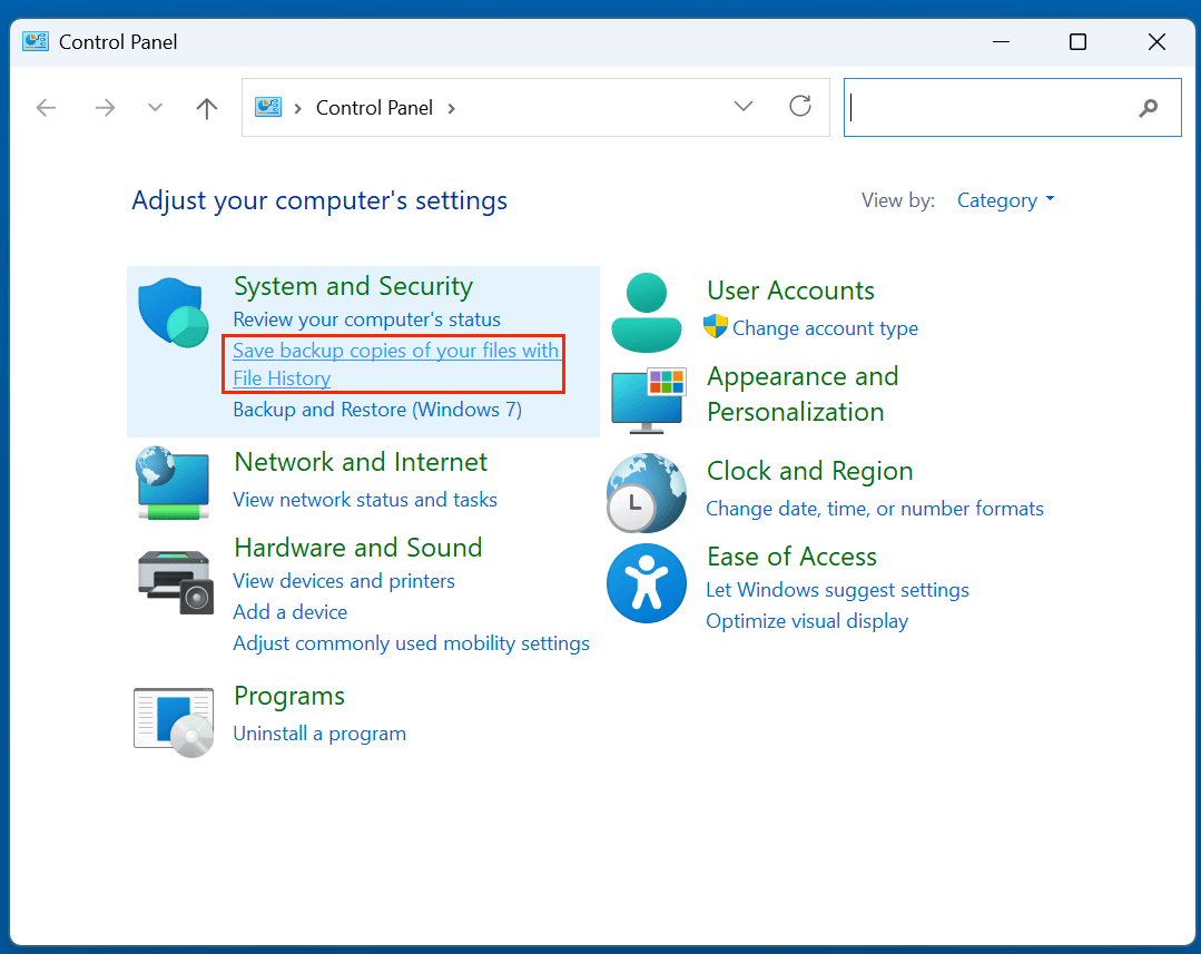 Go to Control Panel > System & Security > File History