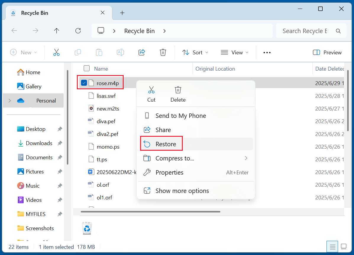 Recover Deleted M4P File from Recycle Bin