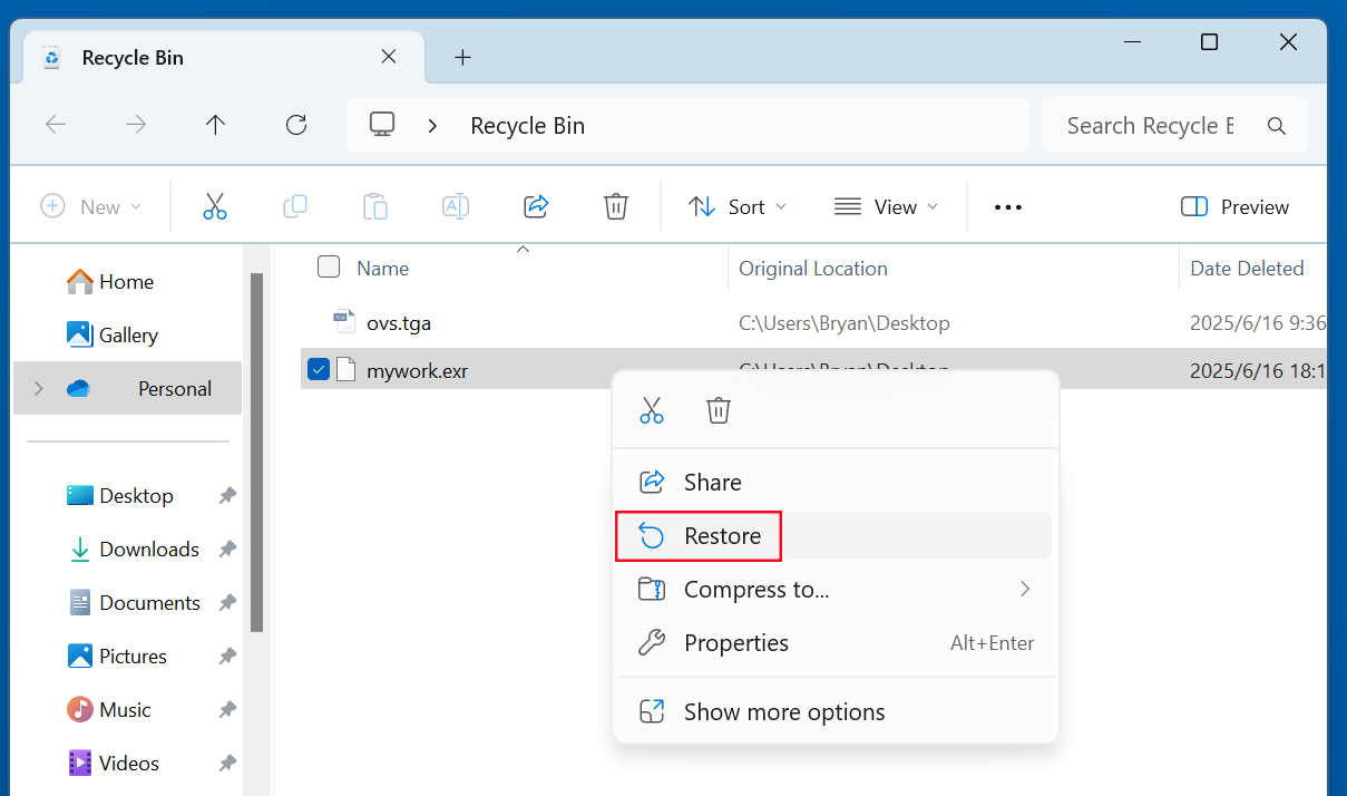 Recover Deleted OpenEXR Files from Recycle Bin