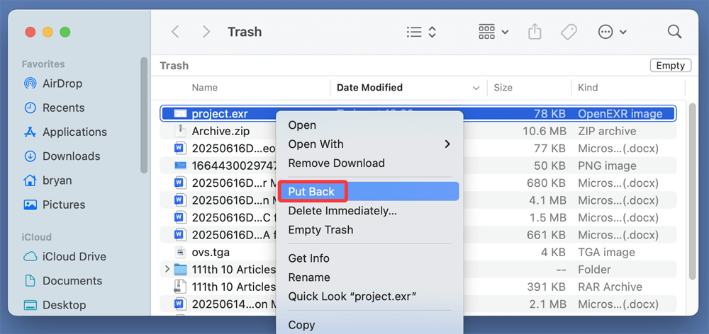 Recover Deleted OpenEXR Files from Trash