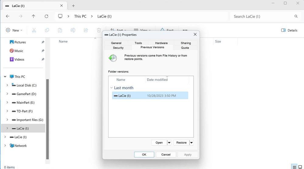 Click on the Previous Versions tab