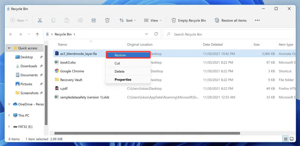 Recover Recently Deleted FLA File from Recycle Bin