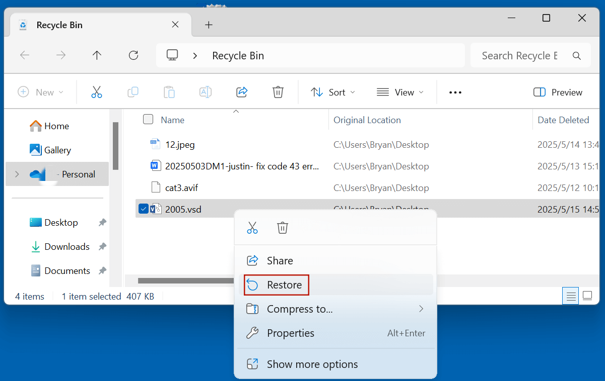 Recover Deleted VSD File via Recycle Bin/Trash