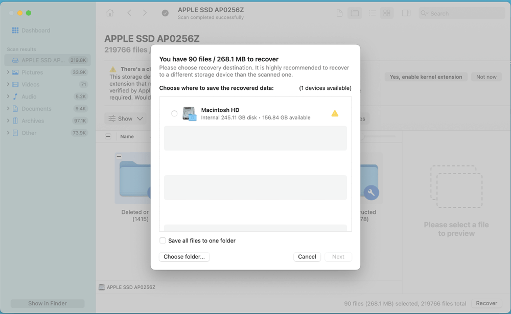 Select a different place for the recovered files