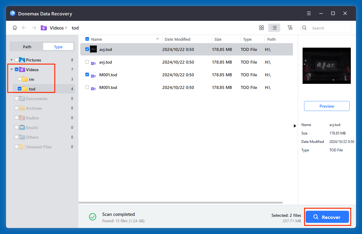 Select .tod files and restore them to a safe location