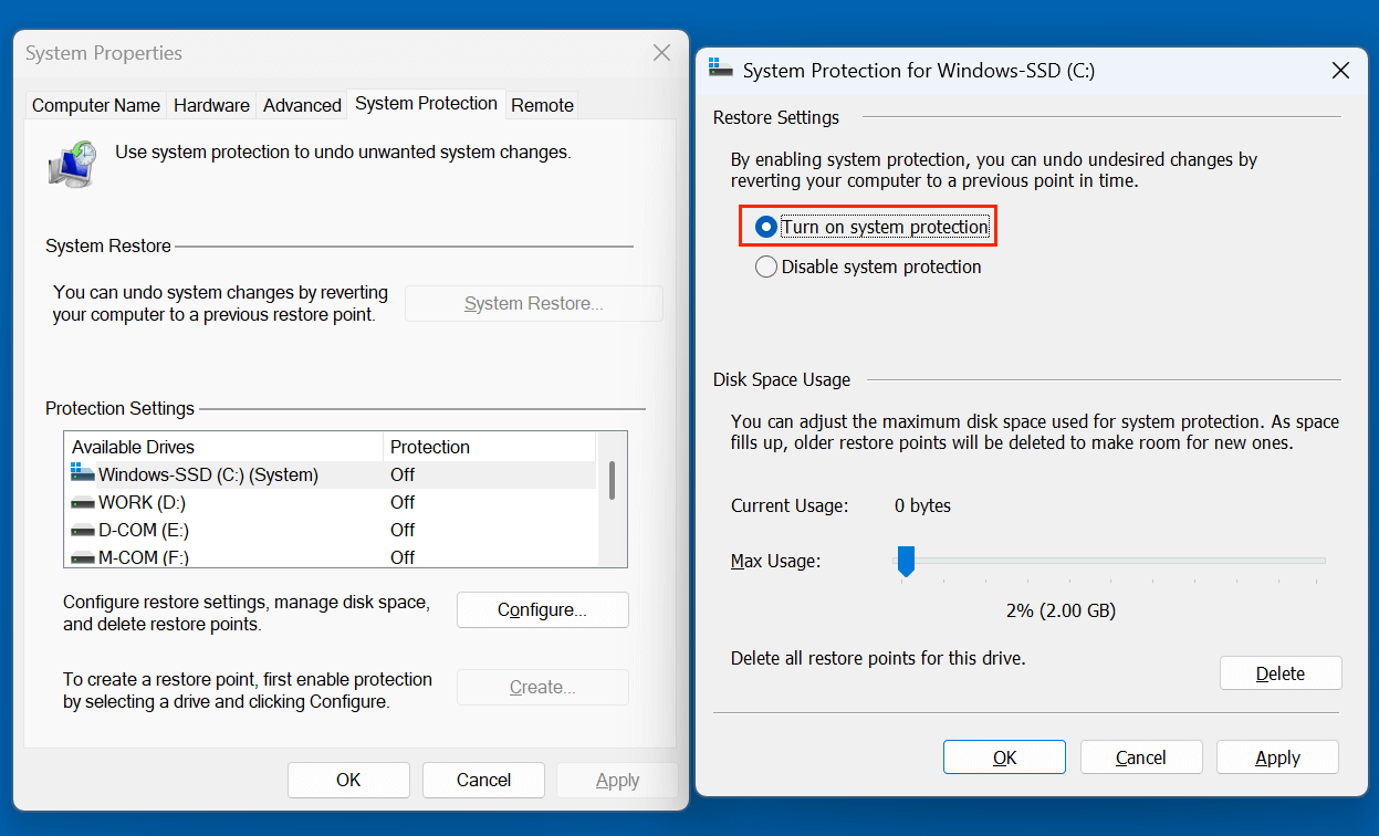 Select ‘Turn on system protection’