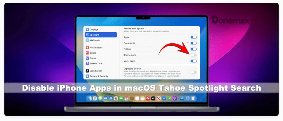 disable iPhone apps in macOS Tahoe Spotlight Searc