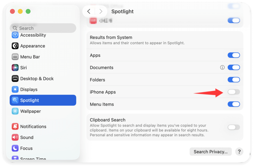 disable iPhone apps in macOS Tahoe Spotlight Searc