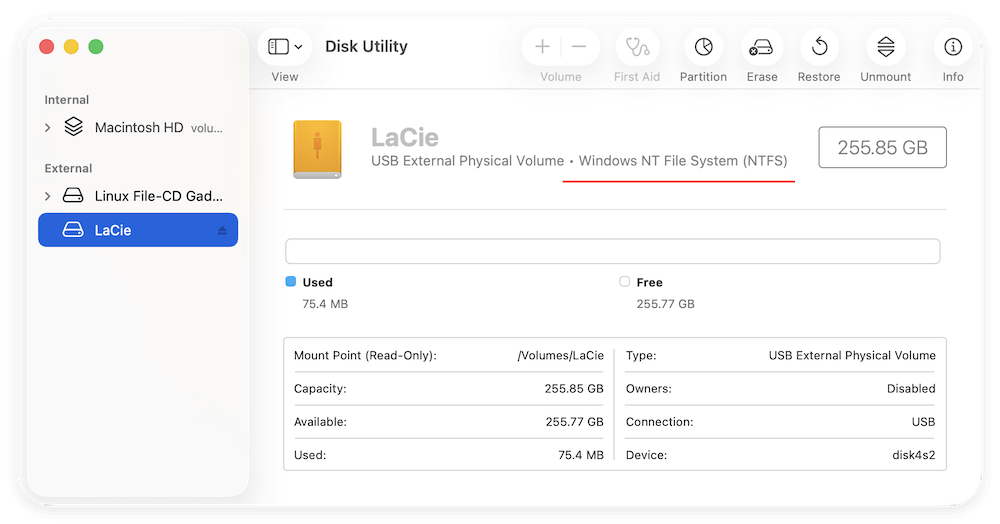 check file system of LaCie Drive on Mac