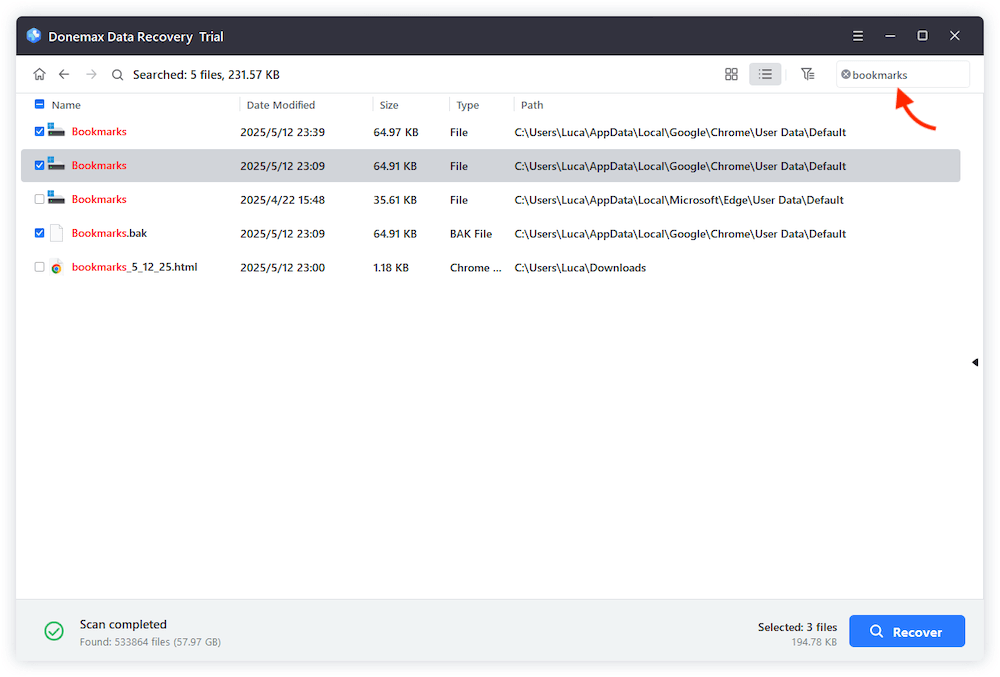 recover lost Chrome bookmarks