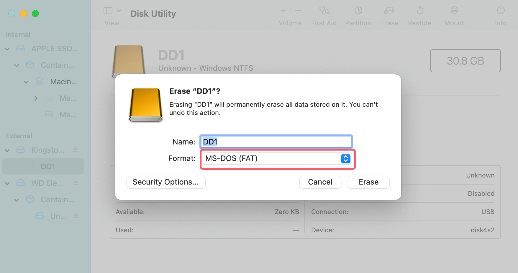 formatting a disk to FAT32 on macOS